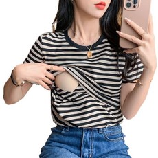 땀 흡수 티셔츠 여성 줄무늬 라운드넥 반팔 티셔츠 단가라 여름 면 반팔티 여름매운맘 섹시 포근하고 편안한 수유복 상의 이너웨어 051405-02