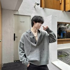 투니스 남성 빈티지 후드 반단추 니트 스웨터