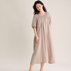 春夏睡裙女士圓領套頭寬鬆休閒雙層紗全棉短袖長款睡袍外穿家居服