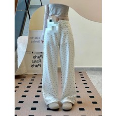 해피유통 여성용 봄 가을 스트 와이드핏 도트 패턴 데님 팬츠 캐주얼 바지