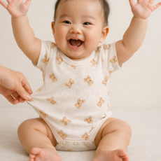 국내생산 라썸베베 신생아 아기 코튼 반팔 여름 메쉬 매쉬 바디 수트 슈트 아기곰 made in korea