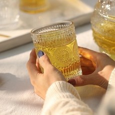 歐式復古浮雕玻璃杯 ins風 果汁杯 刷具筒, 1個, 太陽花玻璃杯【全透明】小款－１個