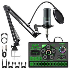 KOORFLY KF-03 방송용 오디오 인터페이스 RGB 사운드카드 노이즈캔슬링 유튜브 48V 마이크 세트, 블랙 (Black), [풀세트] KF-03 + 48V 콘덴서 마이크