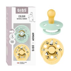 BIBS Colour Moomins 젖꼭지 2팩 BPA 프리 젖꼭지 둥근 젖꼭지 천연 고무 라텍스 덴마크산 사이즈 2 (6-18개월) 브리즈/딥 스페이스, Size 1 (2-pack), 노르딕 민트 / 페일 버터, 1, 2