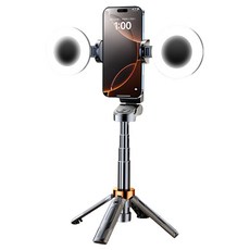 迷你藍牙自拍棒三腳架帶雙燈補光 輕巧便攜鋁合金材質 可伸縮設計 橫豎螢幕切換, 黑色+補光燈, 1個, JC-25H