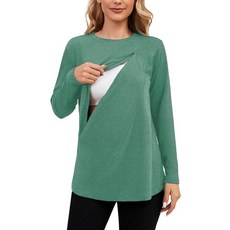 Ecavus 숨겨진 지퍼가 달린 모유 수유용 여성용 수유 셔츠 긴소매 전면 솔기 편안한 상의 헤더 그린 S 106341