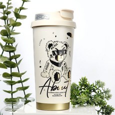 에코럭키 곰돌이 세라믹 텀블러 520ml 스트랩 빨대 포함 스테인레스 진공 보온 보냉, 1개, 곰돌이텀블러-화이트