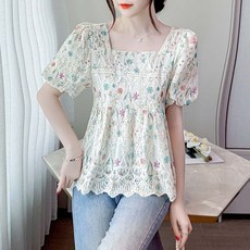 여성용 여름 꽃무늬 프린트 셔츠 스타일 루즈핏 몸매를 예쁘게 보여주는 사랑스러운 퍼프 소매 패션 탑