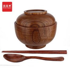 熱銷 復古風手工整木實木木頭套碗 多用碗兒童碗 奶茶碗 泡麪木碗帶蓋 木碗, 整木約直徑14高10釐米+勺筷A, 1個