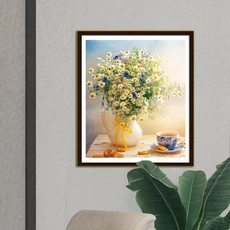 레트로 전원풍 점토 화분 데이지 십자수 티 세트와 빵 요소 장식 그림 수제 DIY 키트, 01 11CT 48x57cm, 01 37 Colors Threads