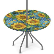 YGPARK 유화 해바라기 야외 원형 장착 식탁보 우산 구멍 및 지퍼 91.4-111.8cm(36-44인치) 탄성 파티오 테이블 천 내유성 방수 커버 피크닉 파티 캠핑용, YGPARK 유화 해바라기 야외 원형 장착 식탁보, 우