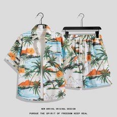 男夏季薄款宽松短袖印花襯衫沙灘褲套裝