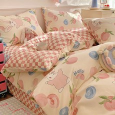 純棉卡通印花四件式床包組, 蜜桃兔,1.2m床【床單款三件套】-適合150x, 蜜桃兔