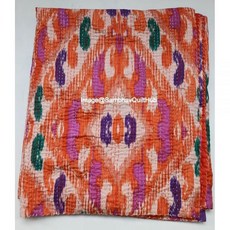 오렌지 핸드블록 플로럴 멀티 이캇 프린트 핸드메이드 코튼 칸타 퀼팅 보호 침구 담요 히피 퀸/킹 사이즈 보헤미안 블록 퀼트 (퀸 90X108 인치), 퀸 90X108 인치