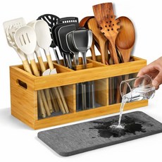 AVARO 대나무 주방 기구 홀더 및 은식기 정리함 - 대형 6칸 조리대 요리 스푼 홀더 흡수 건조 스톤 아크릴 패널 농가 보관 장식