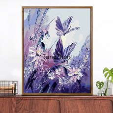 【TangZhen】유화그리기 유화그리기세트 diy 디지털 유화 가방 우편 거실 성인 어린이 손으로 채색 유채화 수제 장식 창문 앞 풍경, 60*75 안감 2.5cm 두께, 나비꽃, 1개