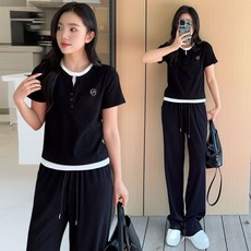 AREVI 여름 여성 트레이닝복세트 루즈핏 레저 빅사이즈 순색의 반팔 조거팬츠 투피스