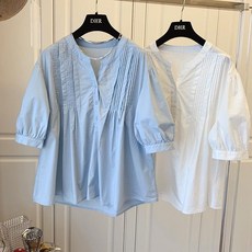 KORELAN디자인 감각 틈새 한국어 버전 느슨한 일본 캐주얼 주름 퍼프 슬리브 코튼 반팔 인형 셔츠 셔츠 탑 여성