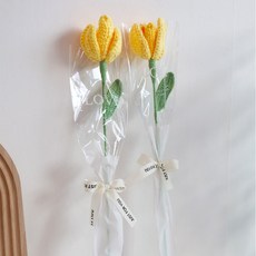 (당일발송) 이지유 뜨개 꽃 DIY 포장세트 시들지않는 장미 성년의날 로즈데이 프로포즈 카네이션 선물, 2개, 옐로우 오픈 튤립
