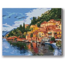 MANTO 台灣製造 大尺寸DIY數字油畫 40x50cm 釘好內框 歐洲日本花海風景 初學者專用, 義大利．科莫湖, 1套