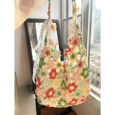 DIY 뜨개질 키트 플라워 숄더백 손뜨개 가방 만들기 패키지, 반숙 딸기 플라워 가방, 1개