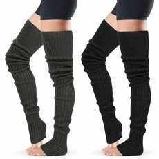 XEPST 여성용 레그 워머 2쌍 하이 부츠 커프스 니트 토퍼 무릎 위 발 없는 양말 겨울용 워머 85cm 다크 그레이 블랙_153703