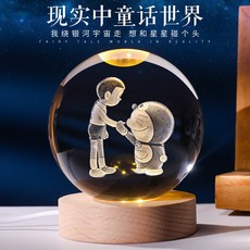 【台灣出貨】 發光水晶球 水晶球小夜燈 創意裝飾燈 卡通系列水晶燈 節日禮物 桌面小擺件 水晶球擺件, 大熊機器貓,8cm水晶球+七彩底座