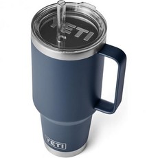YETI 예티 램블러 빨대 머그 스테인리스 스틸 진공 단열 머그컵 강력한 홀드 뚜껑 파이어플라이 옐로우 42온스 1242ml, Navy, 1개
