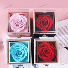 情人節禮物香皂花禮盒：旋轉玫瑰花首飾盒，戒指項鍊收納，浪漫儀式感機關禮盒, 粉色香皂花（不含戒指/項鏈）,禮盒+彩盒+手提袋, 1個
