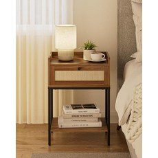 Masupu 나이트스탠드 침대 옆 테이블 3단 모던 나이트 스탠드 보관 서랍 및 선반 침실 거실용 작은 엔드 사이드 테이블 블랙 (콘센트 없음 그린), 월넛 브라운