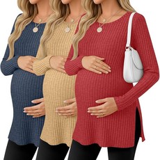 Ficerd 3팩 여성용 임산부 셔츠 긴소매 골지 임산부 스웨터 스쿱넥 슬릿 사이드 니트 티 엄마 의류 레드 골드 다크 블루 L