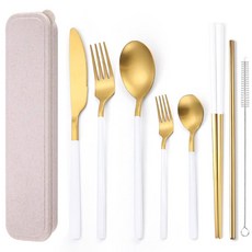 AAARINBOW 8피스 스테인리스 스틸 식기 세트 휴대용 재사용 가능한 여행 도구 젓가락 나이프 포크 스푼 빨대 청소 브러시 식기세척기 안전(다색), B-White Golden