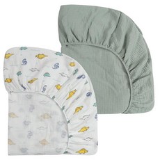 Onacosht 모슬린 미니 아기 침대 시트 99.1 x 68.6cm(39 x 27인치) 팩 앤 플레이 매트리스 시트 팩 앤 플레이에 적합 남아 여아용 부드러운 면 2팩, Pack n Play Sheets 39" x 27", 공룡 및 라이트 그린