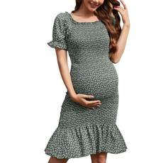 [ 939205 ] 구루이수 꽃무늬 스모크 임산부 드레스 짧은 퍼프 소매 스퀘어 넥 러플 밑단 머메이드 베이비 샤워 바디콘 드레스 그린 플로럴 L