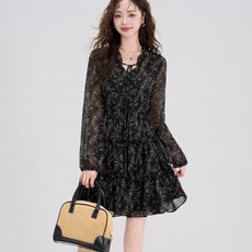 SAHINER 여성 원피스 플로럴 쉬폰 레이스 긴팔 봄가을 AQZ45