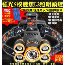 興雲網購 工作燈 頭燈 5核變焦L2強光五頭燈 USB直充 18650電池 登山, 1個, 頭燈+線+直充+18650電池(藍), 藍