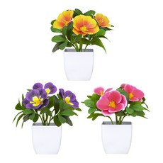 BloomLife 고급 리얼 인공 팬지 화분 3종 세트 15cm 미니 사이즈 인테리어 선물용 영구화분 방/욕실/책상 인테리어 장식 관리 필요 없는 영구 꽃, 1세트, 3종 세트 (보라+주황+분홍)