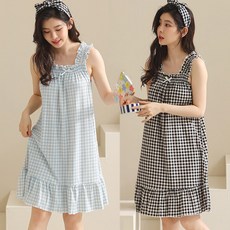 프리수 홈웨어 이지웨어 프릴 밴딩 나시 민소매 원피스 체크 코튼 원피스