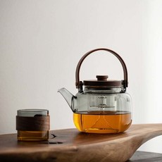 家用耐熱玻璃煮茶壺 直火玻璃壺 煙灰色蒸茶壺 煮茶器 提樑壺 玻璃燒水壺, 透明平光蒸煮茶壺900毫升, 1個