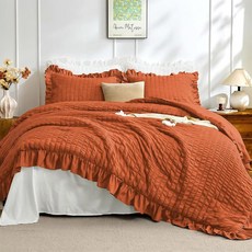 졸리보그 블랙 1개와 사이즈 이불 침구 베개샴 러플 3피스 푹신한 시어서커 가볍고 세트, Burnt Orange, Twin