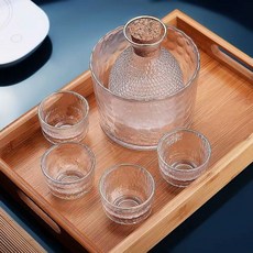 Siemzon 사계절 온냉주 유리 용기 고급 디캔터 청주잔 세트, 도쿠리1개+술잔 4개+술주전자1개, 1세트 도쿠리1개+술잔 4개+술주전자1개, 1세트