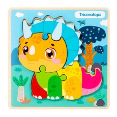 木質3D立體兒童配對恐龍卡扣拼圖，幼兒啟蒙積木製益智玩具，動物造型, 1個, D11恐龍卡扣小拼圖--三角龍0.1