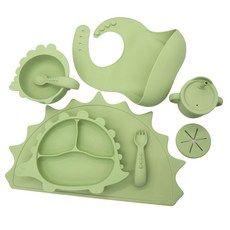 이유식 유아식기 세트 - 흡착 식판 + 흡착볼 + 수저 세트 + 물컵(빨대 스낵컵 포함) + 턱받이, 공룡 그린, 1개, 부들부들 이유식기