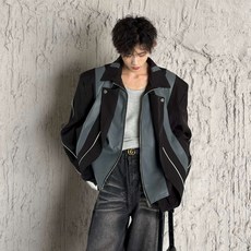 秋季小衆解構拼接皮撞色翻領假兩件墊肩夾剋外套 男 高級感機車上衣 落肩夾剋 嘻哈外套 短版夾剋, 黑色,XL