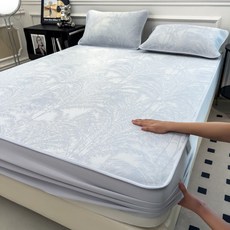 牛奶絲提花涼蓆三件套，全包裹涼感透氣舒適空調席, 森林奇境藍牀笠款,150*200cm涼蓆+枕套2只