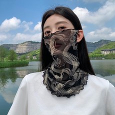 新款錦綸遮臉護頸面罩掛耳面紗圍脖女薄款沙漠面部遮陽防曬臉罩潮高彈絲15號夢幻煙花默認顏色