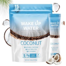 Wake Up Water - 에너지 + 하이드레이션 무설탕 15팩 코코넛 맛 - 에너지 드링크 파우더 전해질 파우더 음료 천연 카페인 믹스 패킷 비타민 B 5칼로리, Coconut