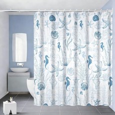 Uiiooazy 블루 화이트 샤워 커튼 세트 후크 포함 182.9x182.9cm(72x72인치) 해안 욕실용 해마 산호 껍질 방수 패브릭 커튼106649