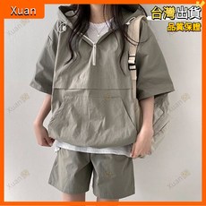 韓版休閒短袖套裝女2023夏季新款寬鬆連帽運動服套頭拼接