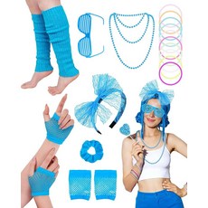 Obeoby 80년대 90년대 파티 레이스 머리띠 목걸이 액세서리 세트 가장 무도회 레트로 파티 블루. 원사이즈 159474